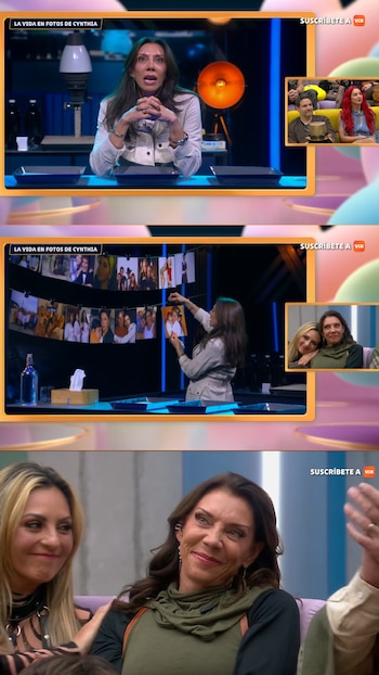 Una mujer, Cynthia Klitbo, en un set de televisión junto a una pared con múltiples fotografías colgadas. La mujer observa y manipula las imágenes