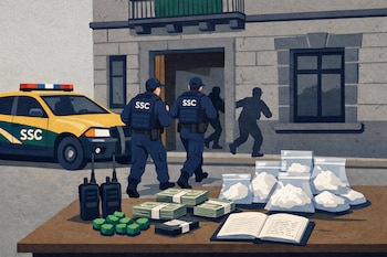 Patrulla de la SSC y dos agentes uniformados entran a un edificio. Sobre una mesa, bolsas con polvo blanco, envoltorios verdes, billetes, radios y un cuaderno.