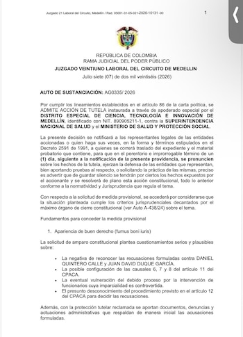 El Juzgado 21 Laboral del Circuito de Medellín consideró necesario proteger el debido proceso durante el trámite de la acción constitucional. - crédito @FicoGutierrez/X