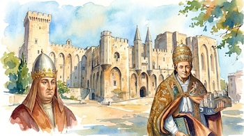 Ilustración acuarela del Palacio de los Papas de Aviñón. En primer plano, retratos de dos Papas, uno con mitra y el otro con tiara papal y maqueta.