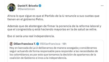 Reacciones de la clase política a la independencia de La U frente al gobierno Petro. Twitter.