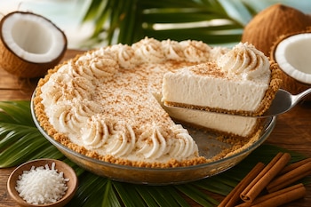 Un pay de coco decorado con crema y canela, una rebanada sobre una pala, trozos de coco, ralladura y ramas de canela en una mesa.