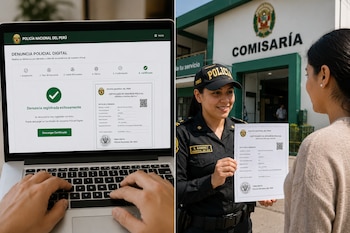 Unas manos usan una computadora con el sitio de Denuncia Policial Digital y una agente de policía sostiene el certificado impreso ante una mujer
