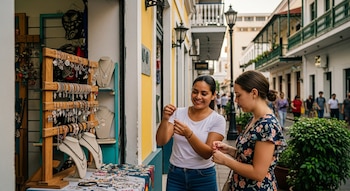Dos mujeres interactúan junto a un puesto callejero de bisutería con collares, pulseras y aretes, en una calle urbana con edificios.