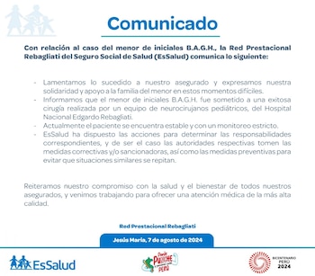 EsSalud lanzó comunicado sobre niño que terminó con aguja en el cerebro tras ir a cita odontológica.