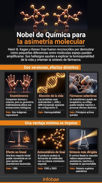 Infografía con texto sobre el Premio Nobel de Química, un modelo molecular arriba y seis recuadros con ilustraciones de manos, ADN y matraz.
