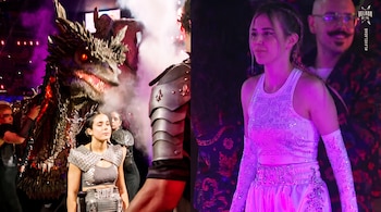 Un collage muestra un dragón mecánico con humo y personas con armaduras a la izquierda; a la derecha, una mujer en traje brillante y un hombre.