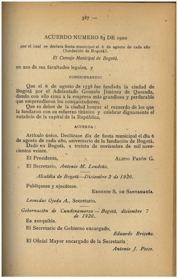El 6 de agosto como cumpleaños de Bogotá se oficializó en 1920, cuando el Concejo declaró la fecha como fiesta municipal mediante el Acuerdo 83 - crédito Archivo de Bogotá