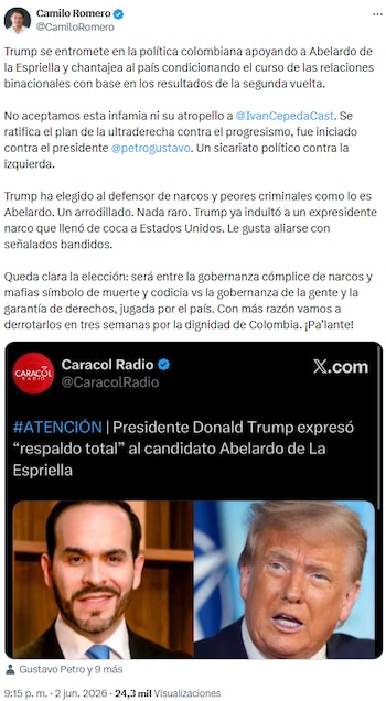 Camilo Romero acusó a Donald Trump de condicionar la política colombiana y rechazó respaldo a De la Espriella - crédito @CamiloRomero/X