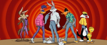 El Coyote, el Correcaminos, Bugs Bunny, el Pato Lucas, Silvestre y Piolín con gorros, suéteres y vaqueros sobre un fondo rojo