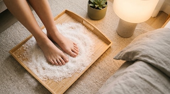 Pies descalzos sobre sal gruesa en bandeja de madera. Alfombra beige, planta suculenta, lámpara de mesa y almohada gris claro.