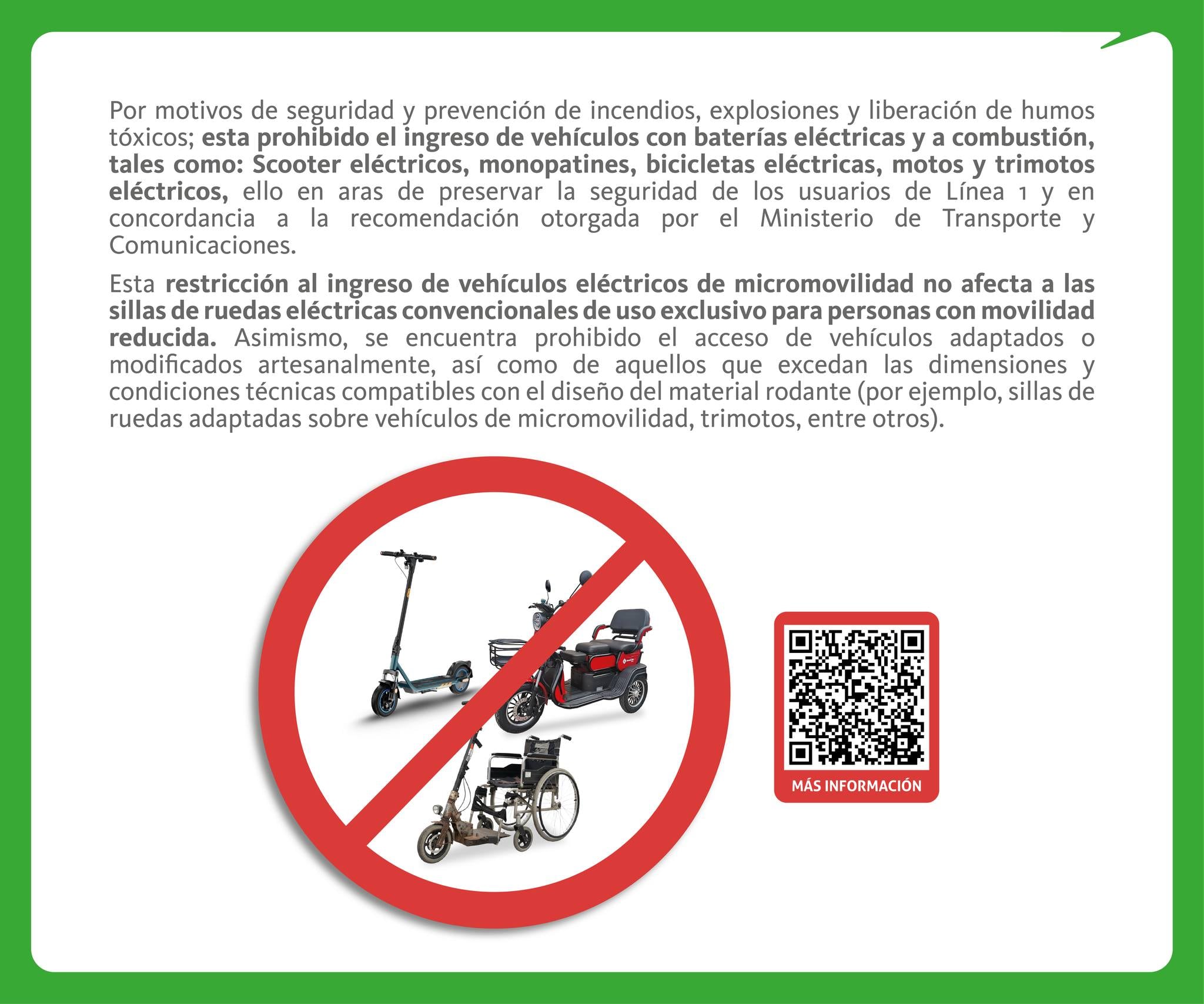 La Línea 1 del Metro de Lima prohíbe el ingreso de scooters eléctricos, monopatines, bicicletas eléctricas, motos y trimotos desde enero de 2025, buscando prevenir incendios y resguardar la seguridad de los pasajeros. (Crédito: Línea 1 del Metro de Lima)