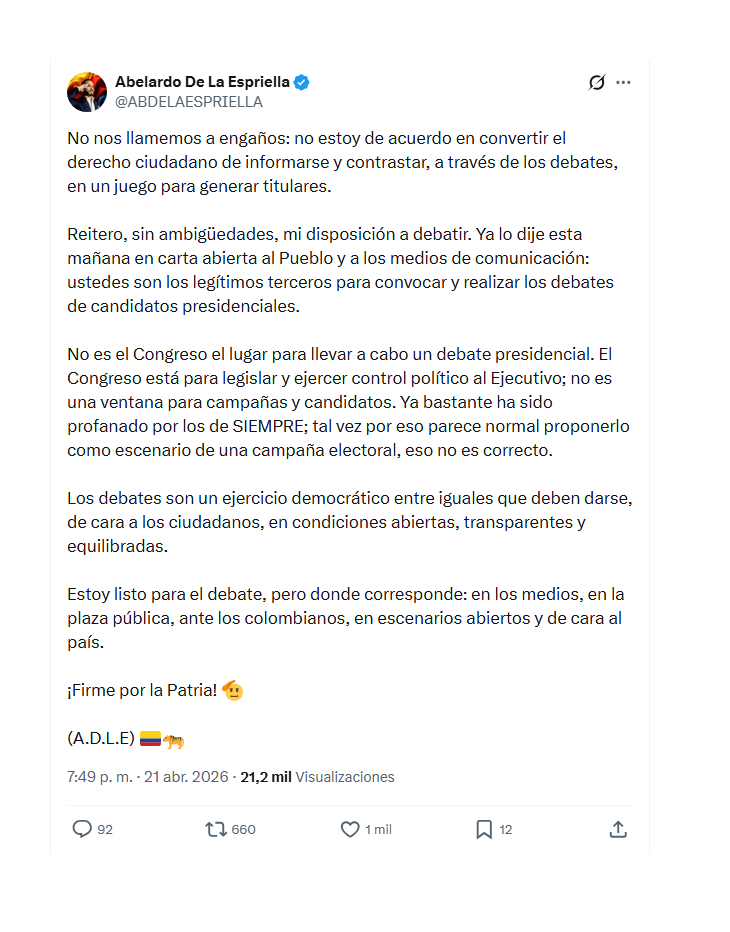 El candidato presidencial Abelardo de la Espriella reaccionó a la propuesta de la senadora Paloma Valencia de hacer un debate de control político en el Congreso - crédito @Abdelaespriella/X