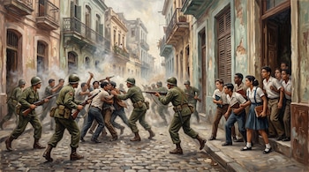 Cuadro al óleo de soldados armados con cascos y fusiles junto a jóvenes uniformados que llevan libros en una calle con edificios antiguos.