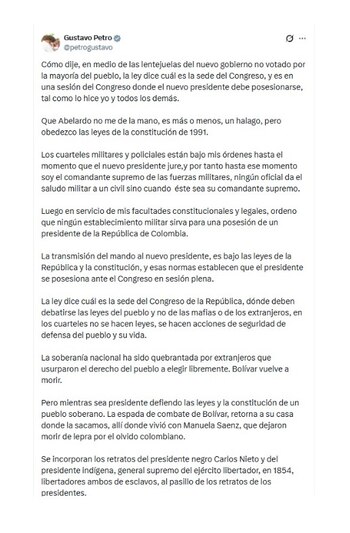 Gustavo Petro prohibió que se usen instalaciones militares para posesión de Abelardo de la Espriella