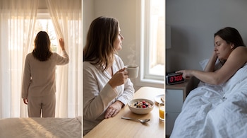 Tres escenas de una mujer en pijama: abriendo cortinas, tomando café frente a un tazón de cereales y apagando un despertador digital.