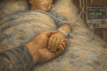 Primer plano de la mano de un adulto sosteniendo la mano de un niño. El niño está en una cama de hospital con una vía intravenosa y un monitor médico visible.