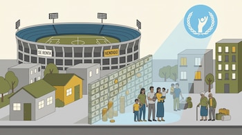 Ilustración plana de una escena urbana con un estadio, casas y edificios. Un muro de dinero separa familias y adultos mayores con equipaje. El logo de CNDH brilla sobre ellos.