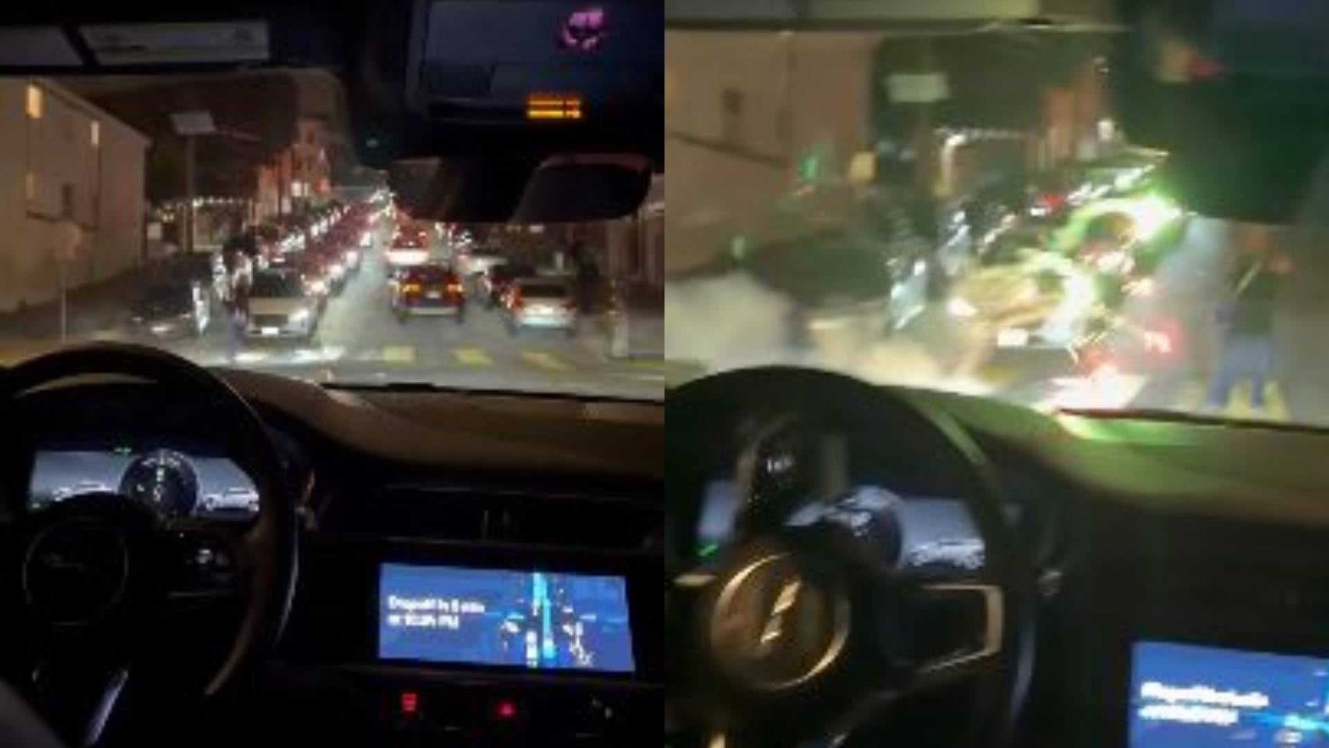 Un vehículo autónomo de Waymo avanzó sobre fuegos artificiales encendidos en una calle de San Francisco durante las celebraciones del 4 de julio (Storyful)