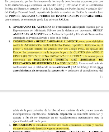 Fiscal Henry Amenábar se acogió a la terminación anticipada, se le impuso 4 años y 5 meses de prisión, y saldrá de prisión.