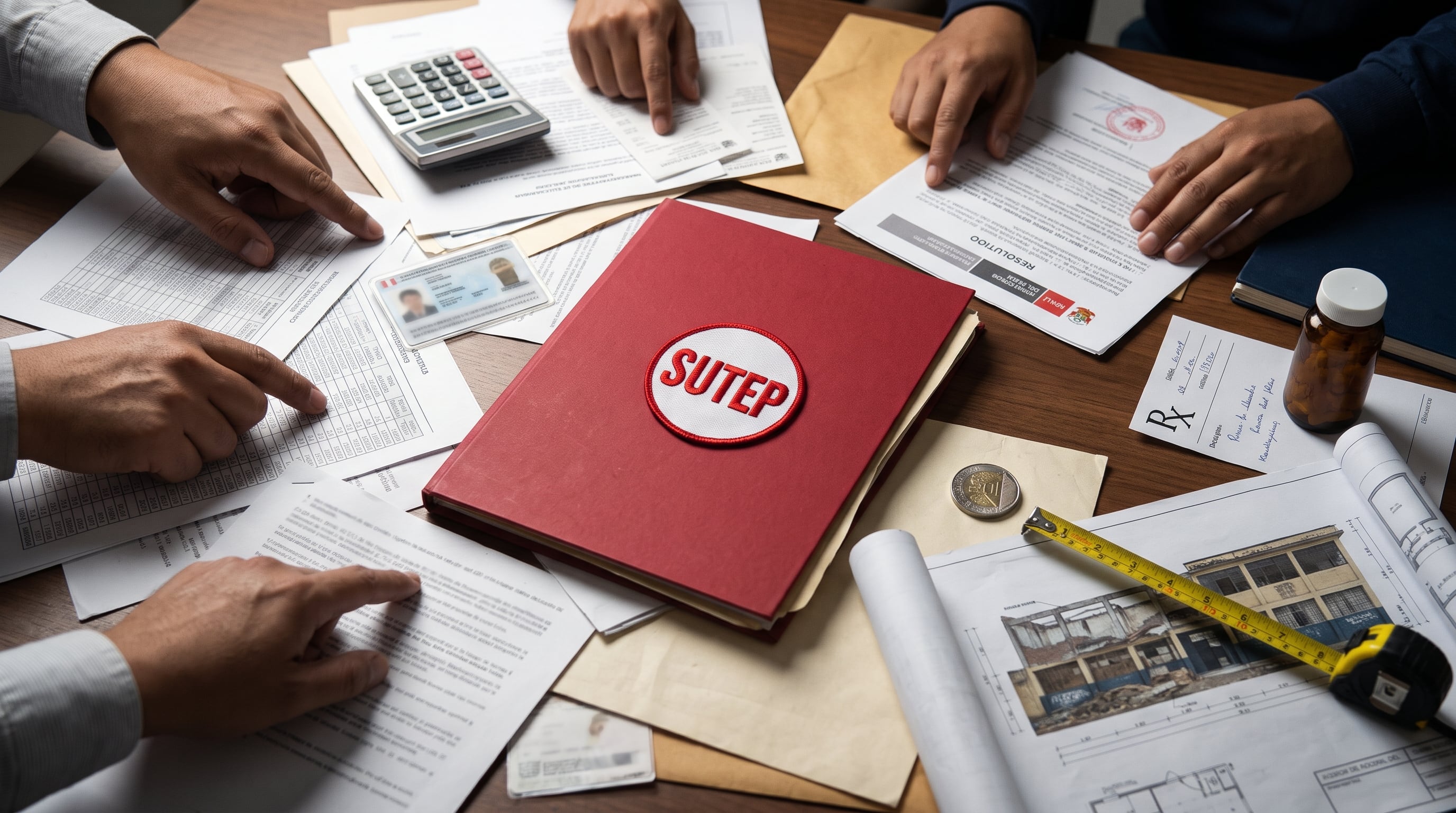 Una mesa de trabajo sindical reúne documentos y planos que ilustran los reclamos salariales y de infraestructura escolar del Sutep en Perú. (Imagen Ilustrativa Infobae)