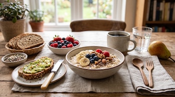 Tazón de avena con frutas, tostada con aguacate, plato con frutos rojos, pan integral, taza de café y vaso de agua sobre una mesa.