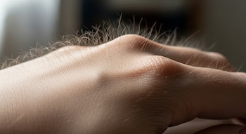 Primer plano de la parte superior de una mano humana con vellos finos visiblemente erizados sobre la piel clara, mostrando el efecto de la estática.