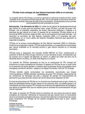 La compañía. filial de TPL Energía. que entró en operación en este tercer trimestre de 2024. recibió el 29 de noviembre, la primera carga de GN con la cual soporta el Inicio del suministro de
Gas Natural Importado (GNQ este domingo - crédito TPLGas