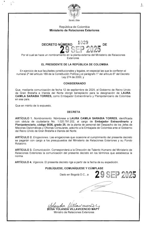 Este es el decreto con el que se oficializó el nombramiento de Laura Sarabia como nueva embajadora de Colombia en Reino Unido - crédito suministrada a Infobae Colombia