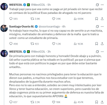 La discusión escaló rápidamente con respuestas cruzadas entre Westcol y Santiago Osorio, que incluyeron cuestionamientos sobre la actividad política, el trabajo honesto y los privilegios sociales. - crédito X