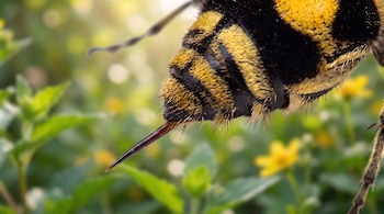 Primer plano de un insecto con abdomen rayado en negro y amarillo, cubierto de pelo, que exhibe un aguijón oscuro. El fondo es verde y amarillo borroso.