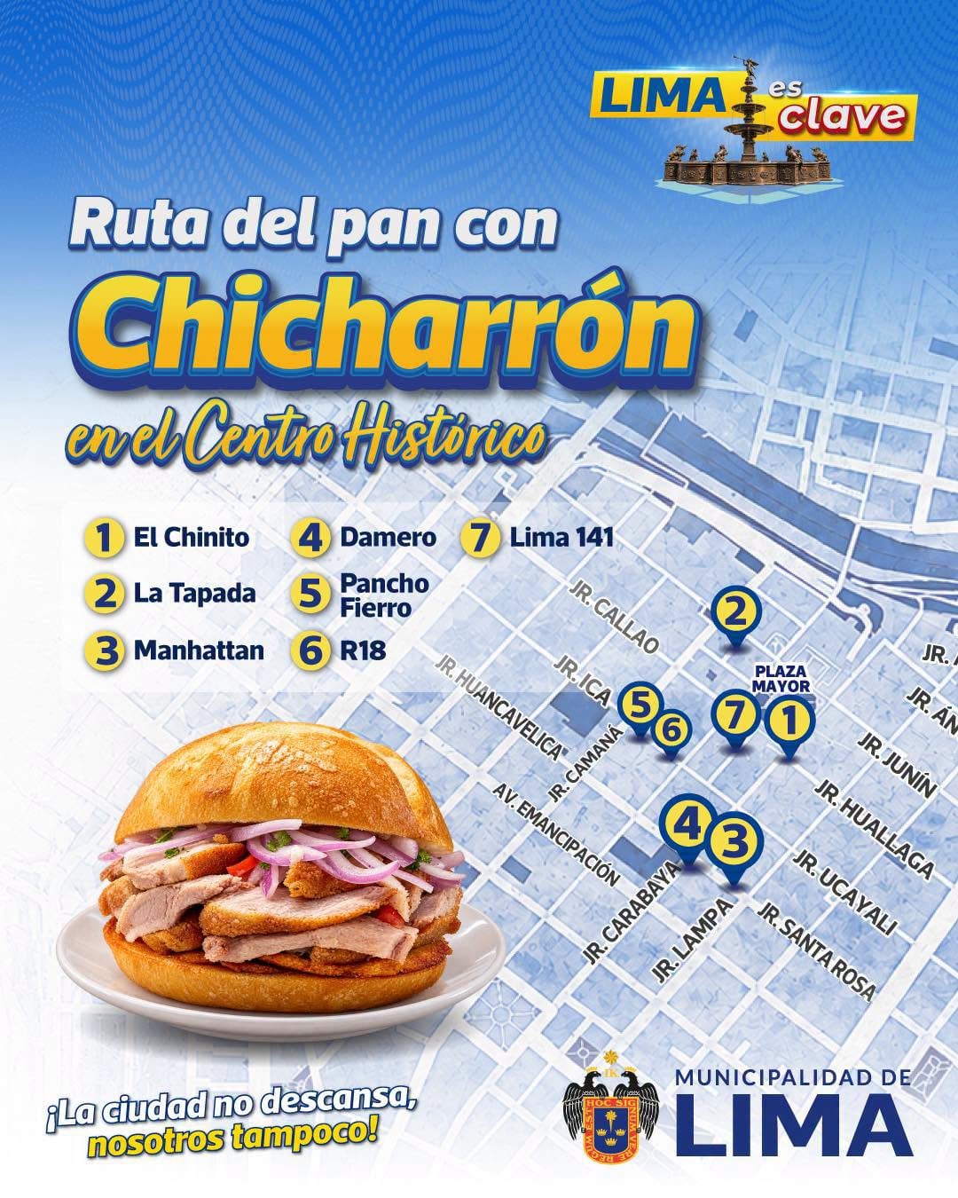 La Municipalidad de Lima promueve una ruta gastronómica con siete locales del Centro Histórico para celebrar el Día del Pan con Chicharrón. (Foto: Municipalidad Metropolitana de Lima)