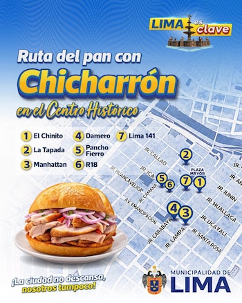 Infografía con un mapa del Centro Histórico de Lima, una lista de siete locales numerados, un pan con chicharrón y sellos institucionales