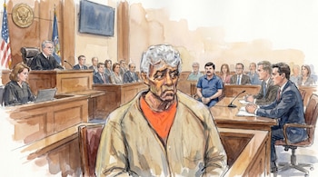 Ilustración acuarela de un hombre de canas en el estrado de un tribunal, con un juez, abogados y Joaquín "El Chapo" Guzmán, no detenido, en el fondo.