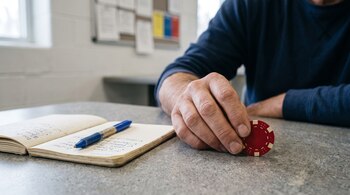 Mano de un hombre apoyada en una mesa junto a una ficha roja de casino, un cuaderno abierto y un bolígrafo azul.