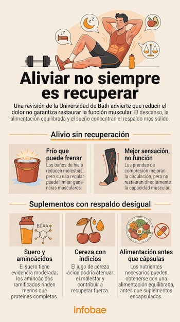 Infografía ilustrada con un deportista, un balde con hielo, una media de compresión, cerezas y comida saludable sobre un fondo claro.