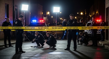 Policías estadounidenses investigan una escena del crimen de noche, con cinta amarilla "Do Not Enter", luces y coches policiales.