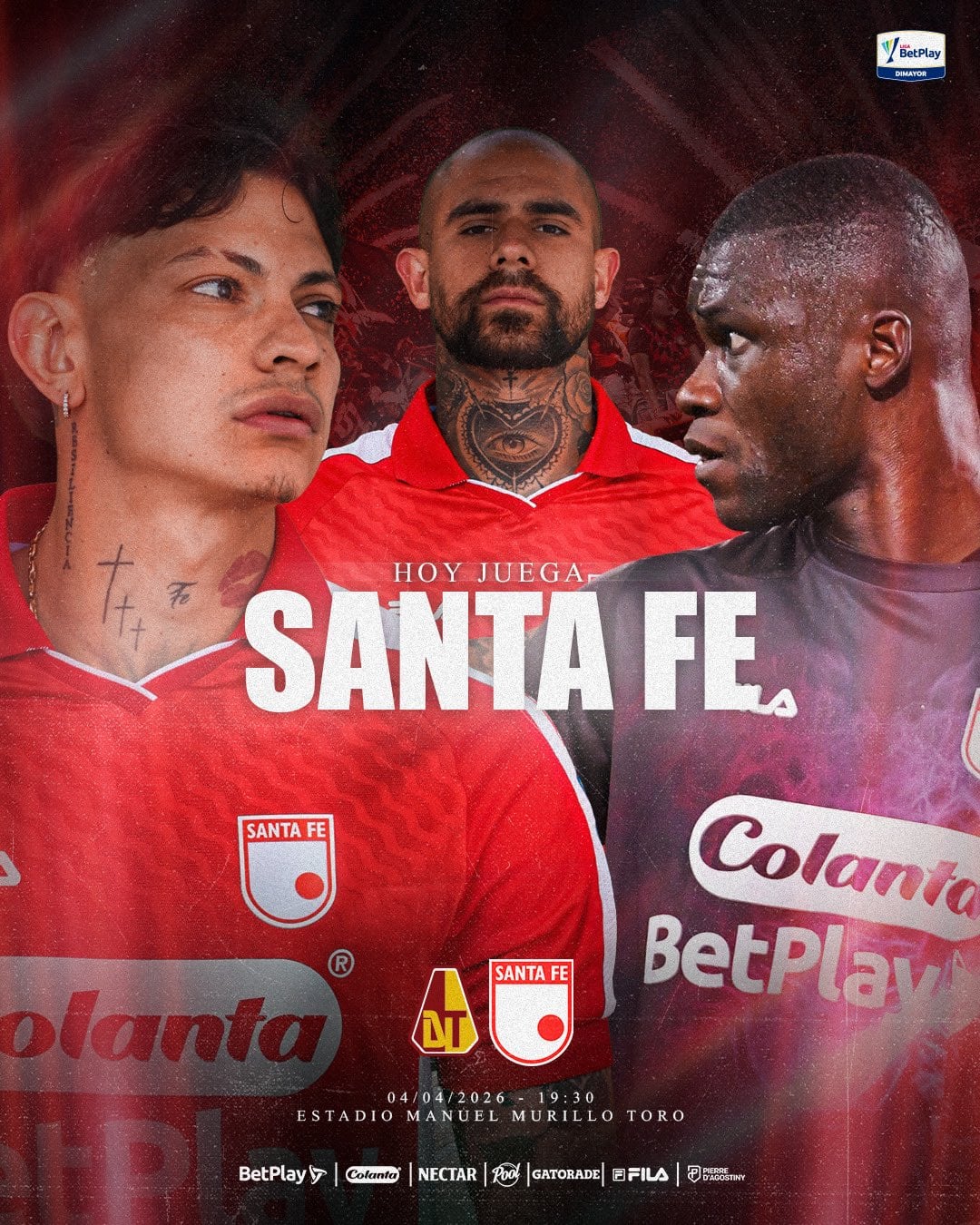 Alexis Zapata, Juan Sebastián Quintero y Weimar Asprilla son los protagonistas del duelo ante Deportes Tolima-crédito @SantaFe/X