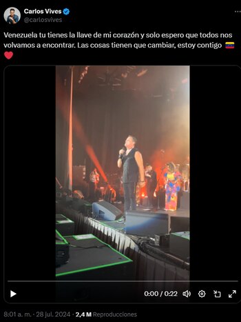 El artista envió mensaje de apoyo al pueblo venezolano - crédito @carlosvives/X