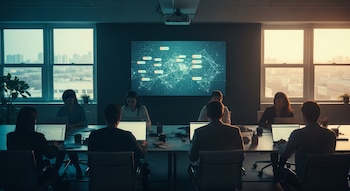 Vista superior de una oficina moderna con personas trabajando en laptops en una mesa larga. Una gran pantalla proyecta un gráfico de red neuronal. Ventanales con vista a la ciudad.