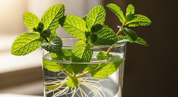Primer plano de una planta de menta con hojas verdes y raíces blancas visibles dentro de un vaso de agua transparente, iluminada por la luz natural.
