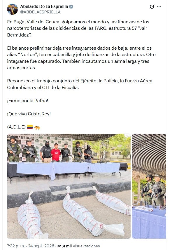 Además de las tres personas muertas durante la operación, el presidente reportó la captura de otro integrante de la estructura armada - crédito @ABDELAESPRIELLA