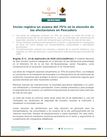 Las obras de mitigación en Pescadero avanzan al 75%, según Invías, con instalación de enrocados y refuerzo de estructuras de contención en la vía San Gil–Bucaramanga - crédito Invías/X