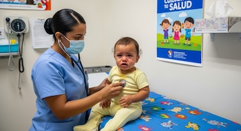 Una enfermera con mascarilla y estetoscopio examina a un bebé que llora en una cama de exploración infantil en una sala médica.