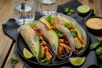 Tres tacos de papel de arroz con pollo, aguacate y verduras en un plato negro junto a rodajas de lima y dos vasos con agua.