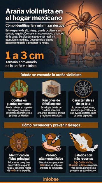 Infografía ilustrada sobre la araña violinista en México, con una araña grande, su tamaño, escondites en cactus y rincones, y mapa de estados con más reportes.