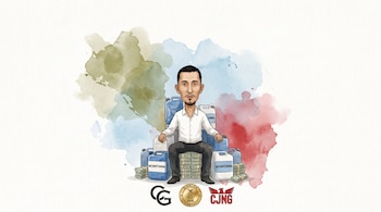 Ilustración de Fausto Isidro Meza Flores sentado en un trono de bidones de metanfetamina y fajos de dinero, con logos de cárteles al frente.