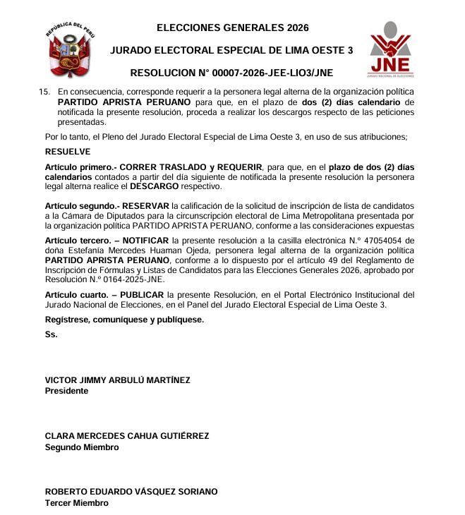 JEE congela inscripción de la lista de diputados del Apra