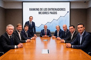 Nueve entrenadores de fútbol vestidos de traje sentados a una mesa de madera ante una pantalla con una gráfica y texto.