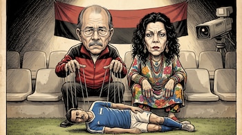 Ilustración de Daniel Ortega y Rosario Murillo en gradas vacías con cuerdas atadas a un futbolista recostado sobre el césped.